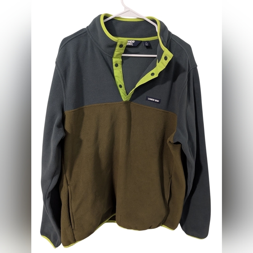 Lands' End ,Fleece Pullover in Gray and Olive with Lime Accents,Size L